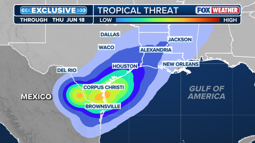 Illustration of a weather map showing a tropical threat with high risk in parts of Texas, including Corpus Christi and Brownsville.