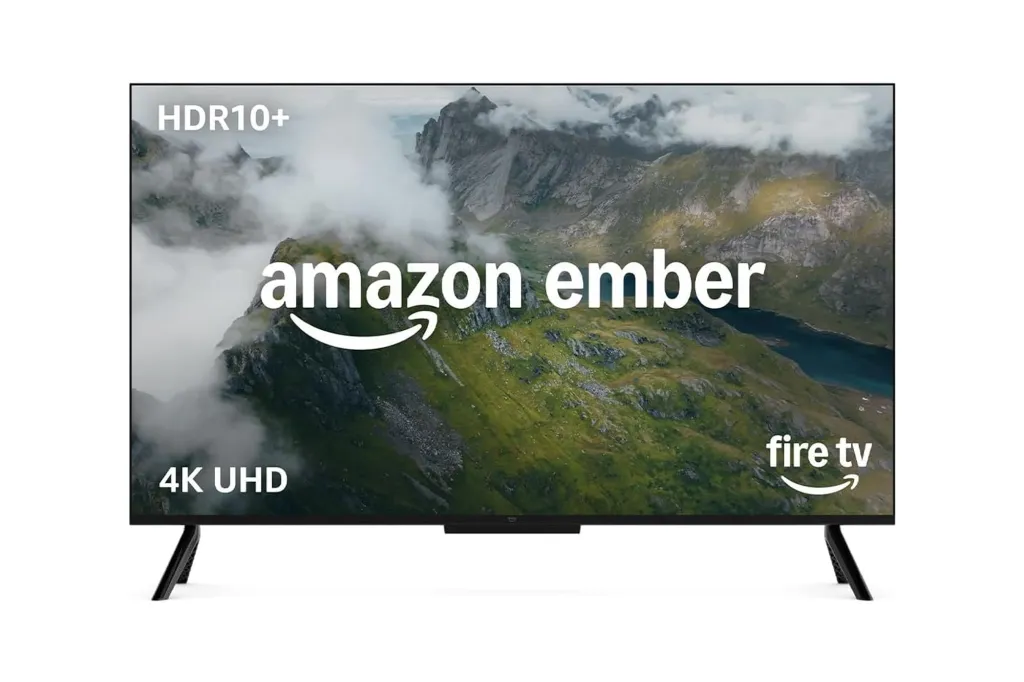 An Amazon Ember 4K UHD Fire TV with HDR10+ support, displaying a mountainous landscape.