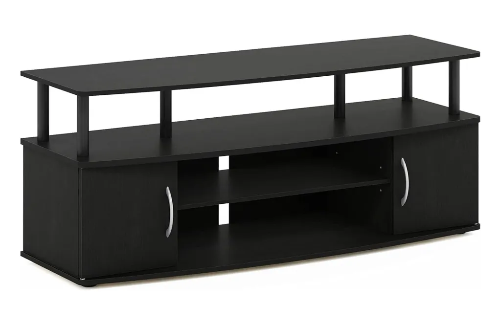 Black TV stand with two cabinets and shelves.