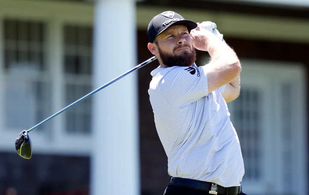 Tyrrell Hatton of England teeing off at the 2026 U.S. Open.