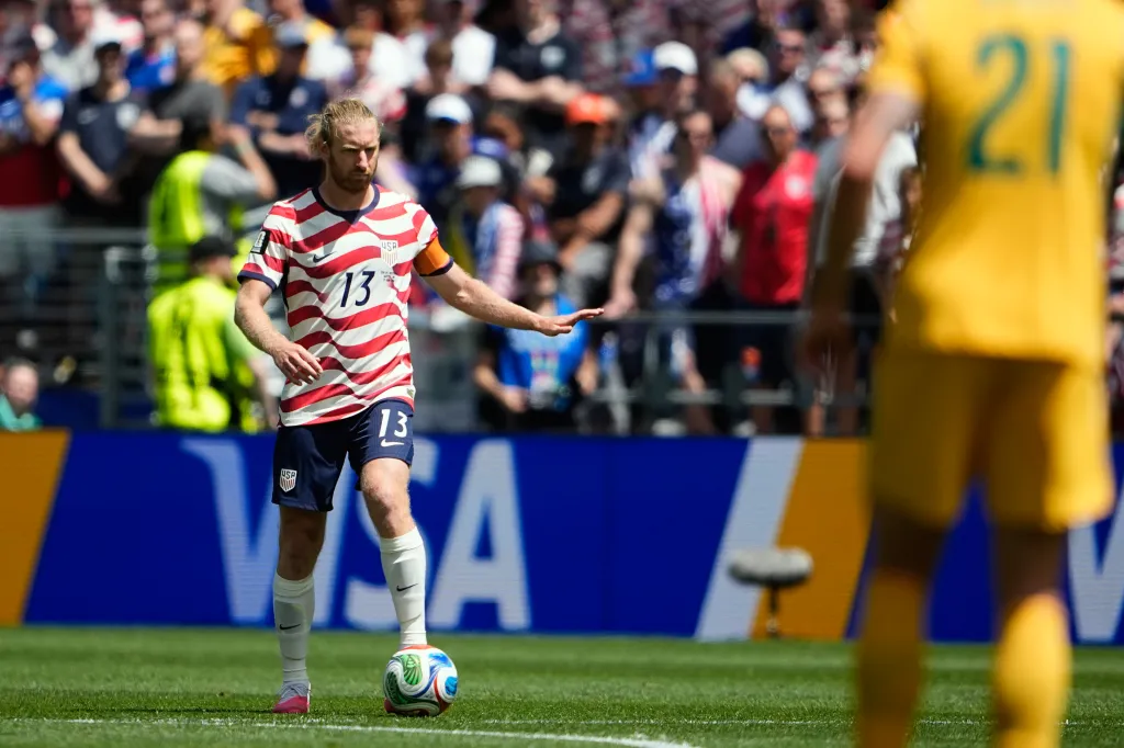 Tim Ream of the United States controls the ball during a World Cup Group D soccer match against Australia.