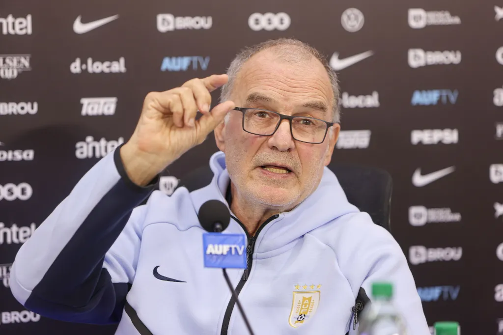 Uruguay's national team coach Marcelo Bielsa speaking at a press conference.