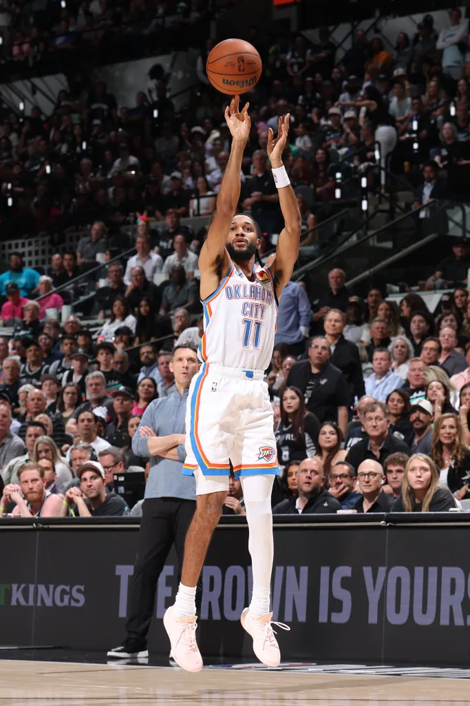 Isaiah Joe of the Oklahoma City Thunder shooting a three-point basket during Game Six of the NBA Western Conference Finals.