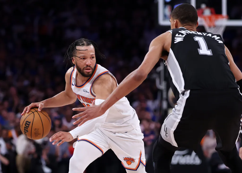 Jalen Brunson dribbles past Victor Wembanyama during Game Four of the 2026 NBA Finals.