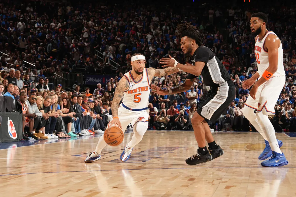 Jose Alvarado of the New York Knicks dribbles the ball against the San Antonio Spurs.