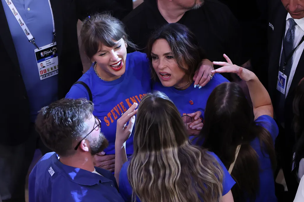 Taylor Swift and Mariska Hargitay watching Game Four of the 2026 NBA Finals.