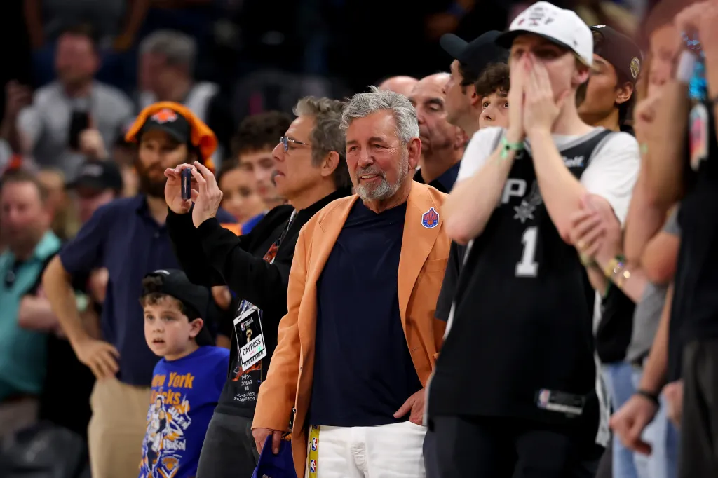New York Knicks owner James Dolan watching Game Five of the 2026 NBA Finals.