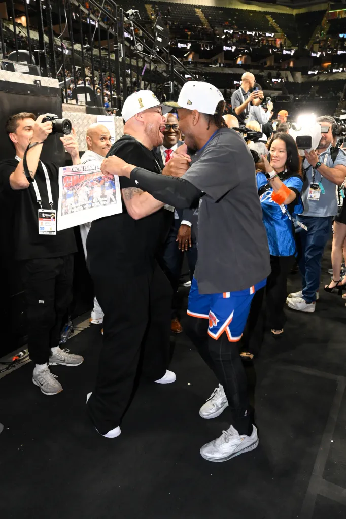 Fat Joe and Miles McBride celebrate after the Knicks beat the Spurs in the 2026 NBA Finals.