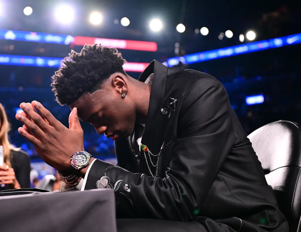 AJ Dybantsa looks on after being drafted by the Washington Wizards during the 2026 NBA Draft - Round One on June 23 , 2026 at Barclays Center in Brooklyn, New York.