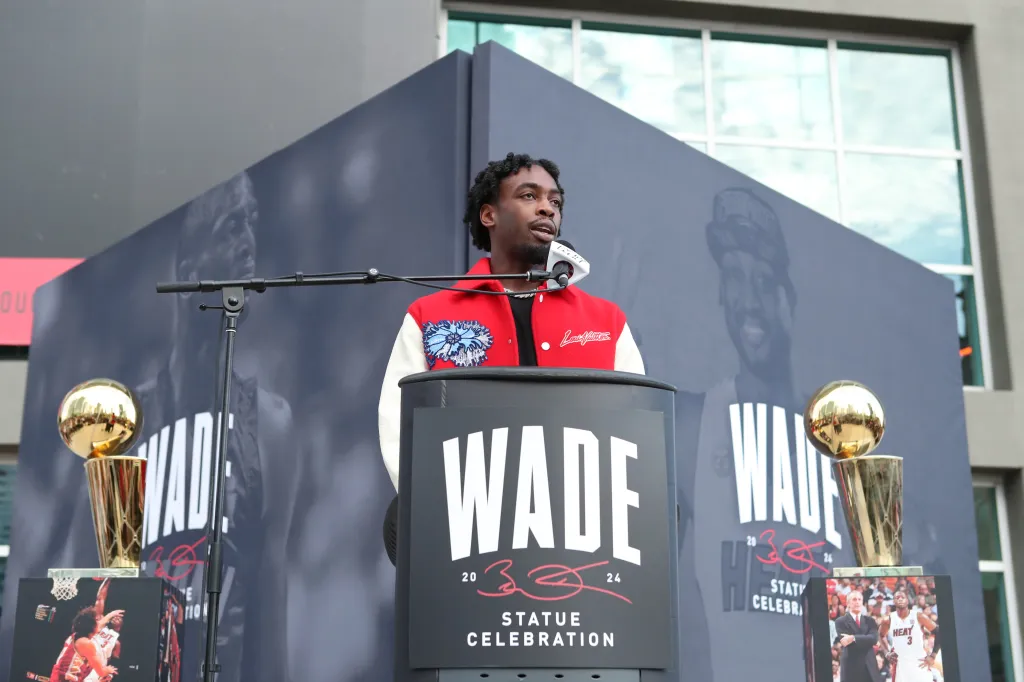 Zaire Wade speaking at Dwyane Wade's statue unveiling.