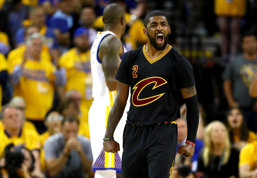 Kyrie Irving of the Cleveland Cavaliers reacts during Game 5 of the 2016 NBA Finals.