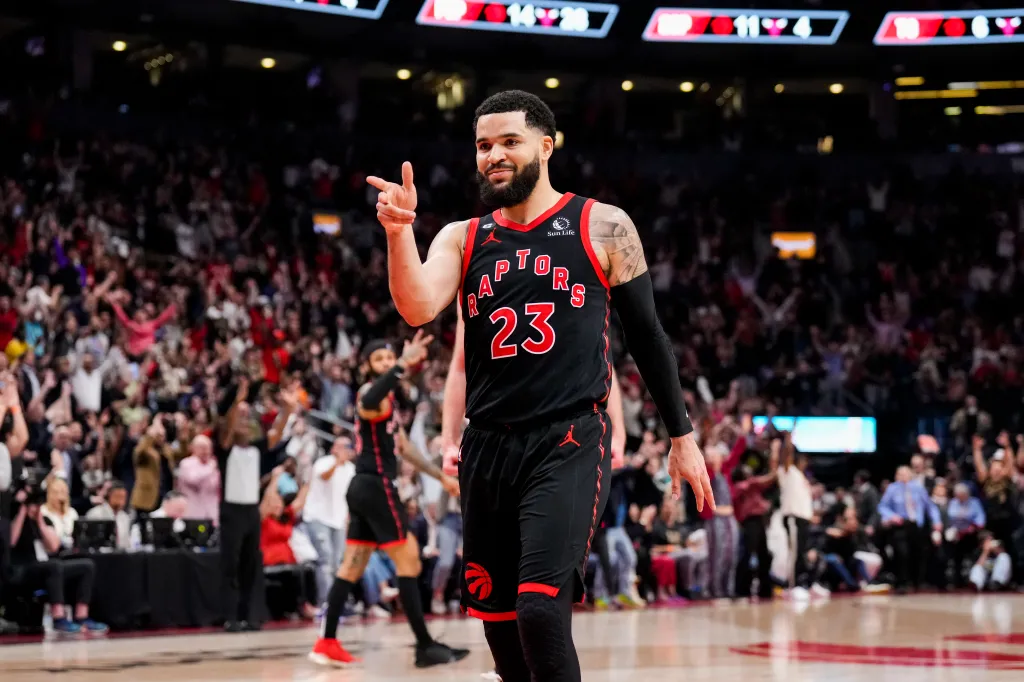 Fred VanVleet, #23 of the Toronto Raptors, reacts after hitting a three-point shot.