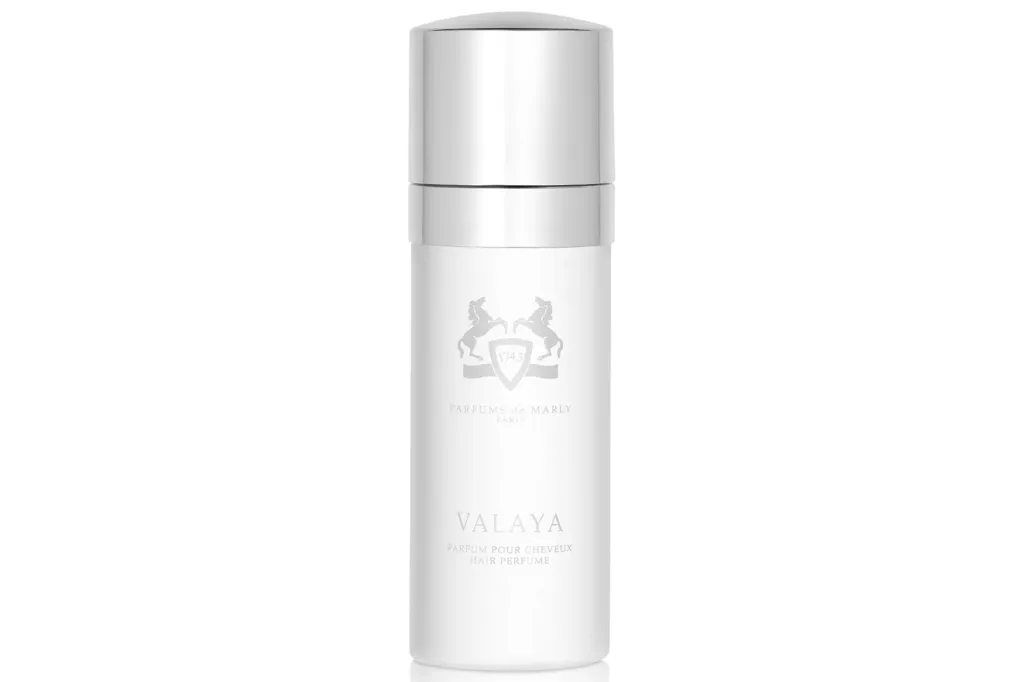 Valaya hair perfume by Parfums de Marly in a white bottle with a silver cap.