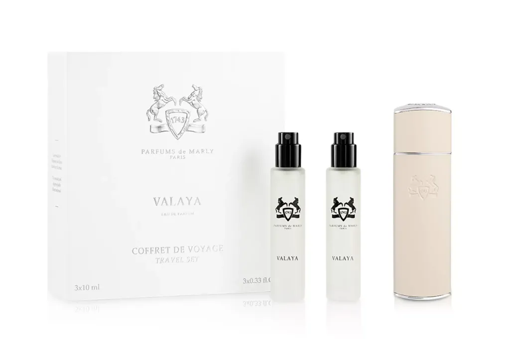 Parfums de Marly Valaya travel set, including a white box, three spray bottles, and a light-colored bottle case.