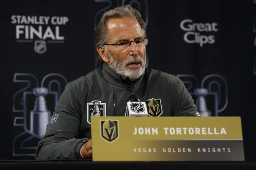 Vegas Golden Knights Head Coach John Tortorella speaks at a press conference.