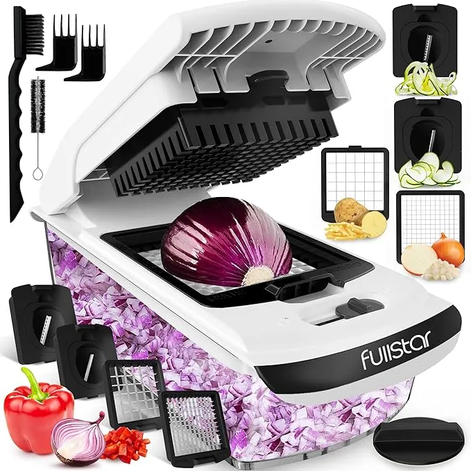 Fullstar vegetable chopper with various attachments and chopped vegetables.