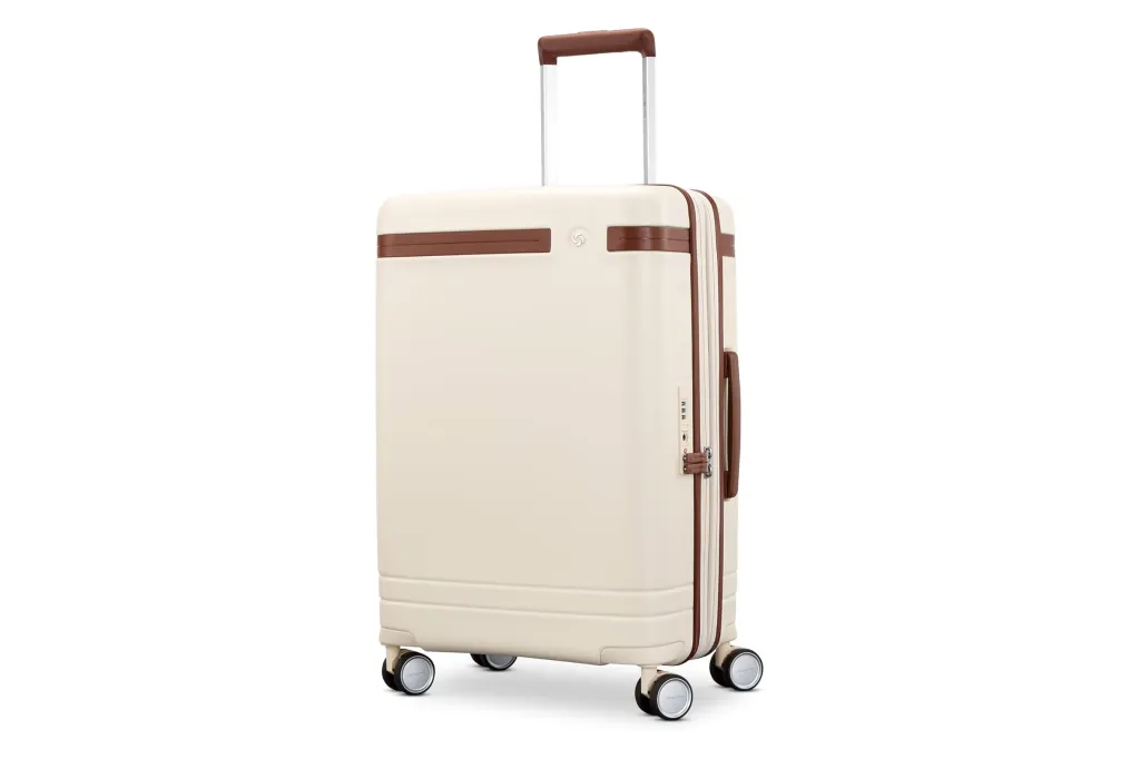 Ivory suitcase with brown stripe