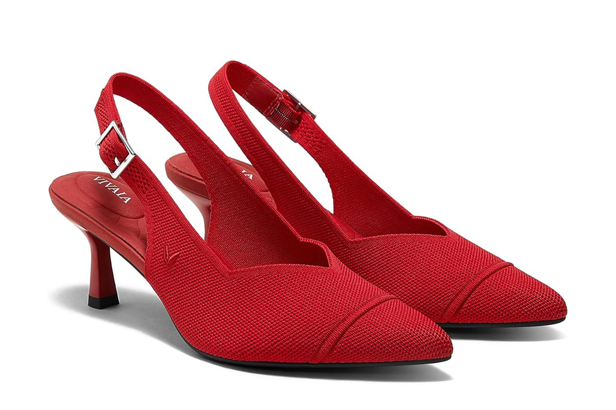 Pair of red VIVAIA slingback kitten heel pumps.