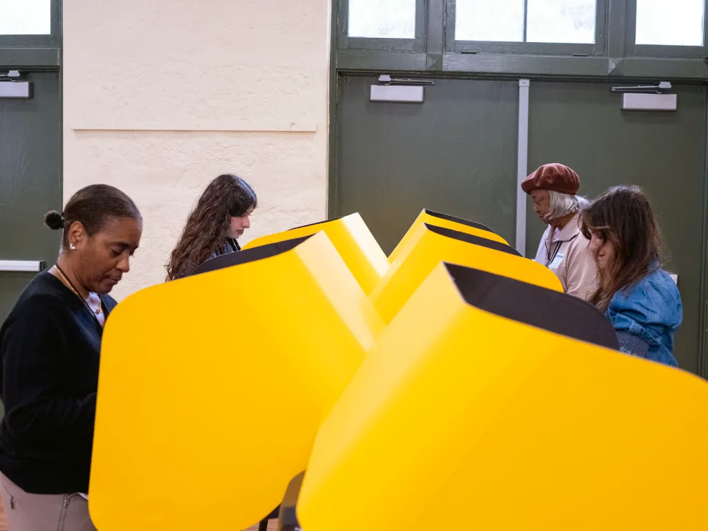 Voters casting ballots at yellow voting booths.