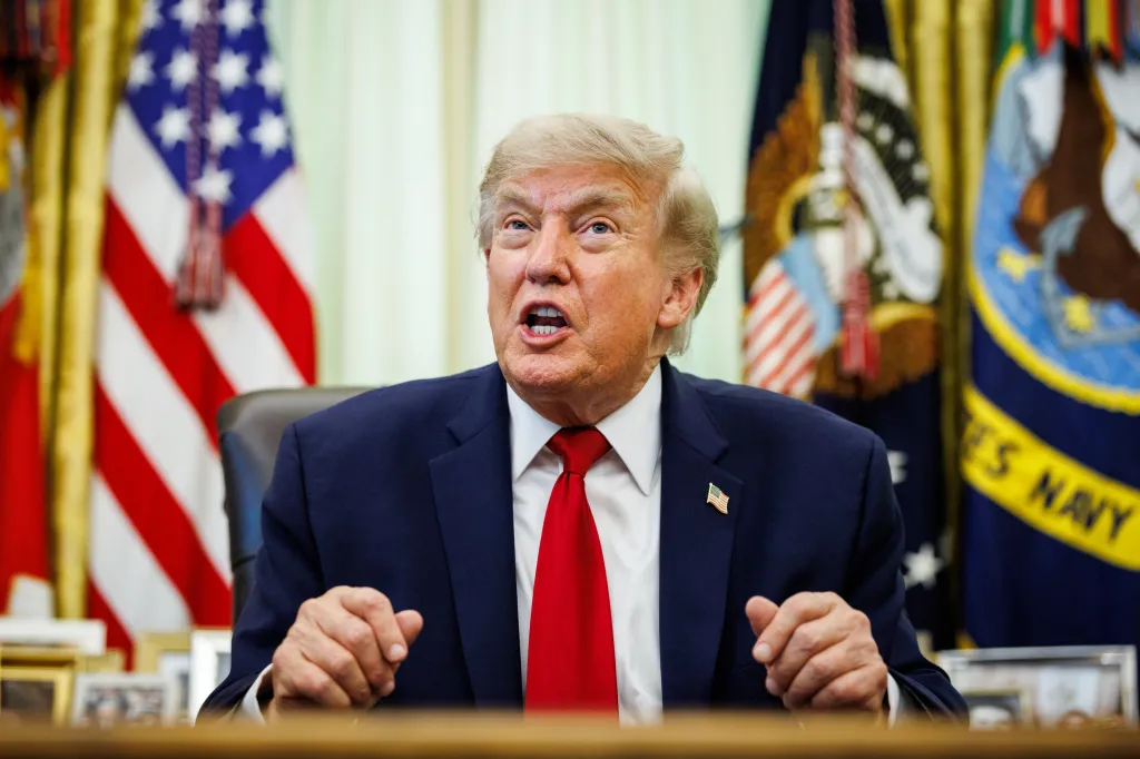 President Trump speaks in the Oval Office.