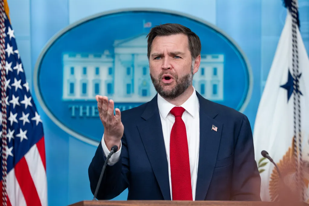 JD Vance briefing the media in the White House Press Briefing Room.