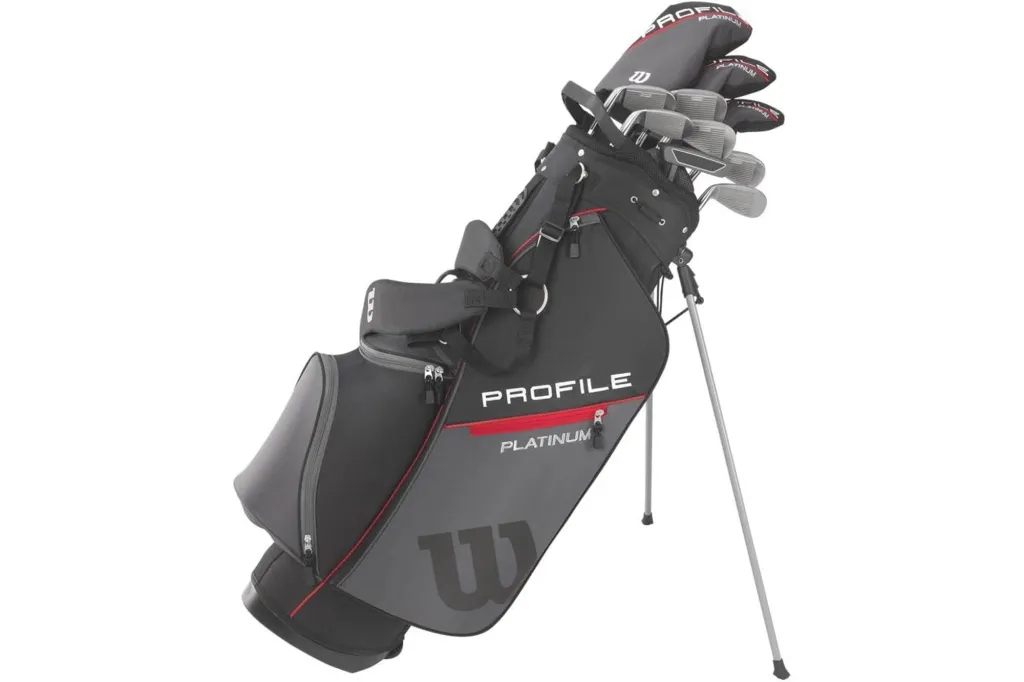 A black and gray Wilson Profile Platinum golf bag with a full set of clubs.