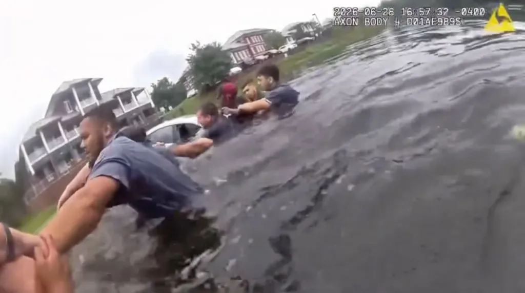 First responders form a human chain to rescue a woman from a sinking car in a pond.