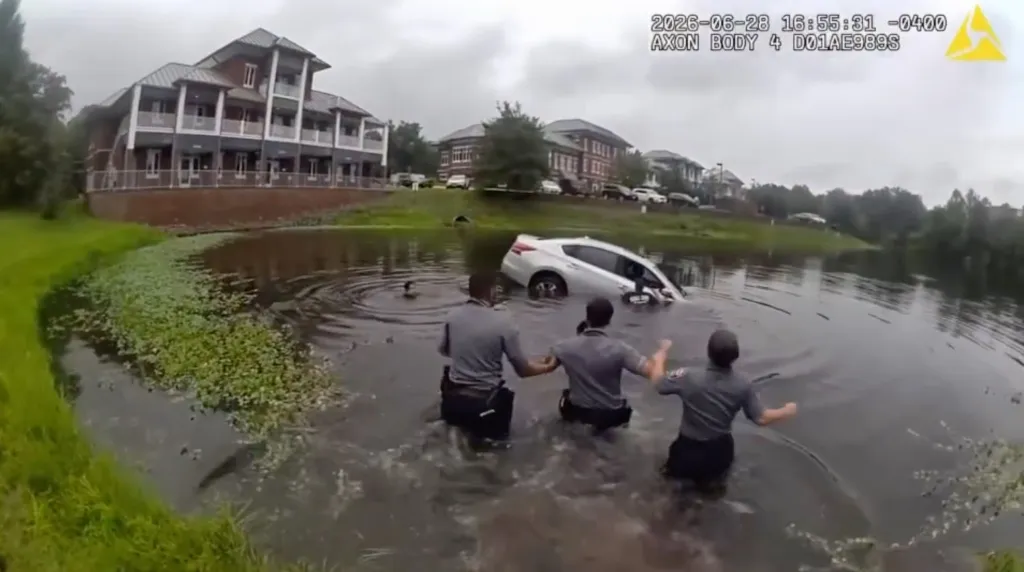 First responders forming a human chain to rescue a woman from a sinking car in a pond.