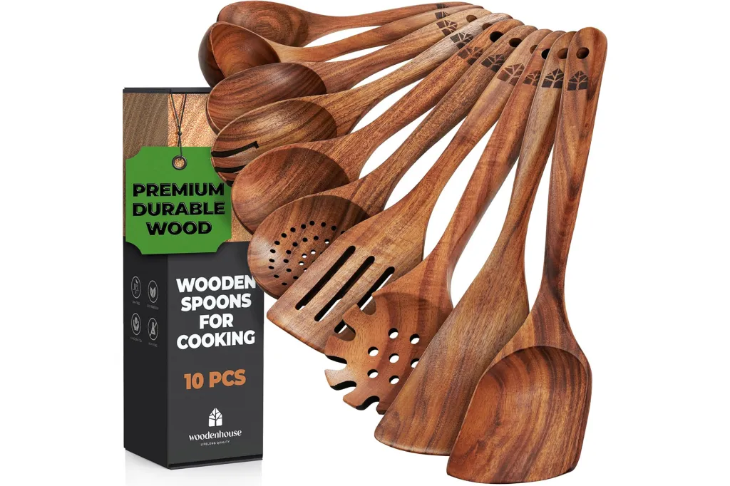 A group of wooden spoons and ladles