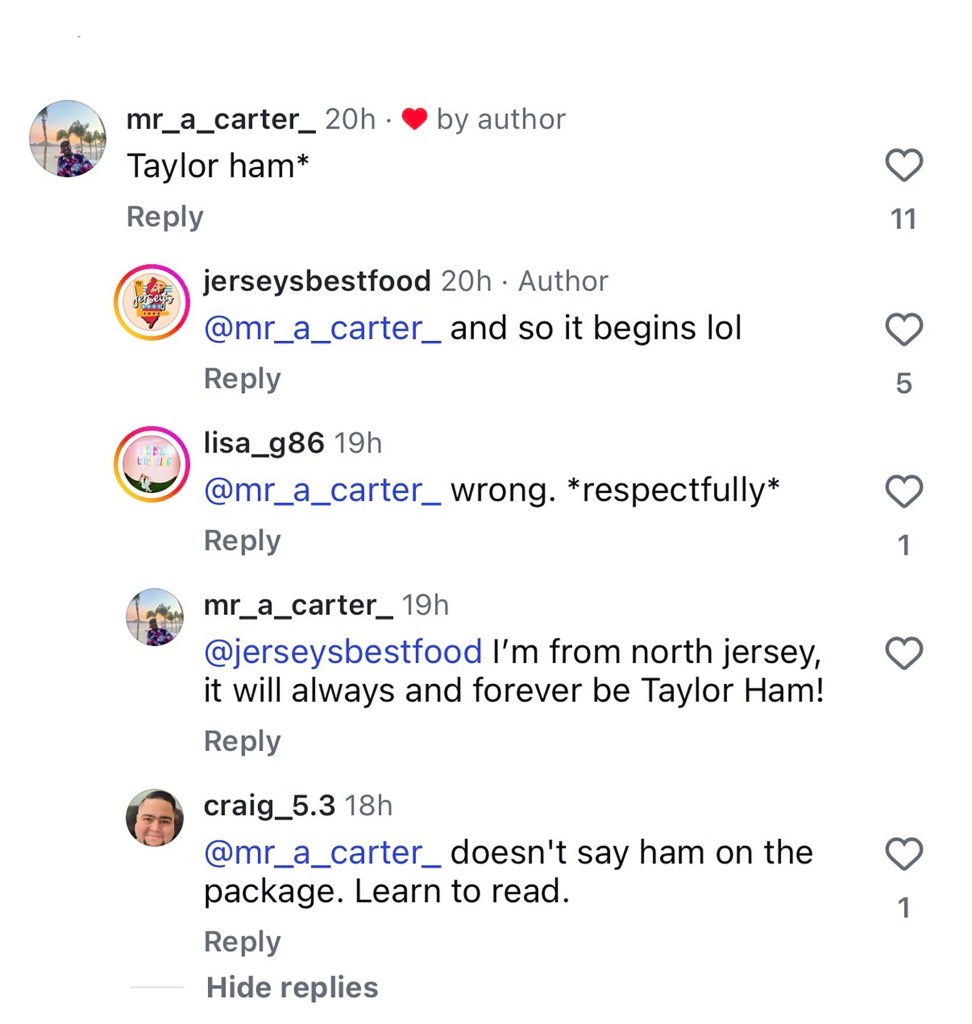 Instagram comments debating whether "Taylor ham" or "pork roll" is the correct term.