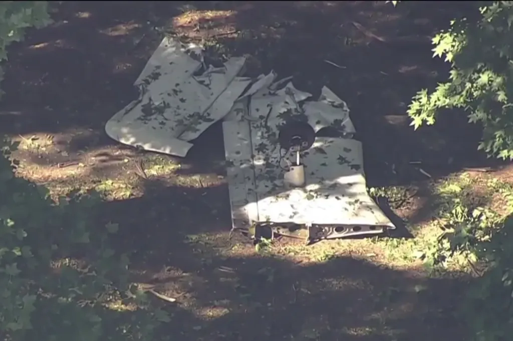 Debris from a plane crash scattered on the ground.