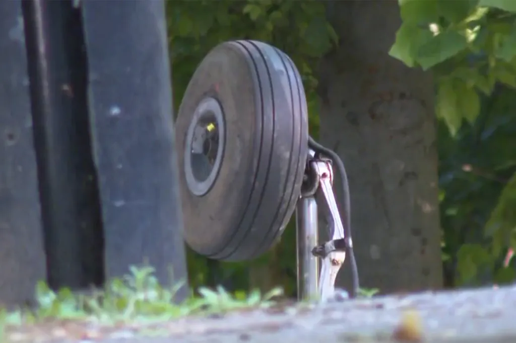 Landing gear wheel of a plane.