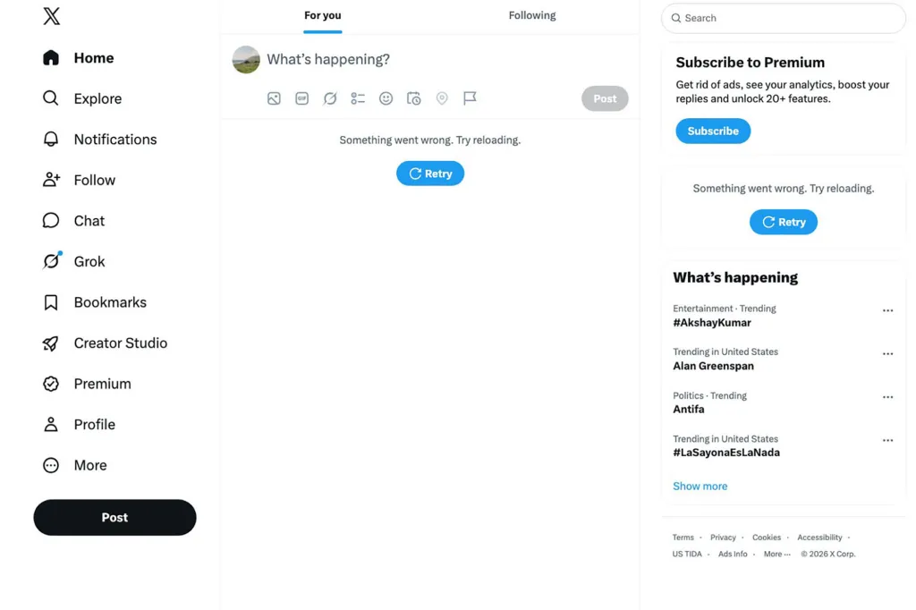 Screenshot of the X (formerly Twitter) interface showing "Something went wrong. Try reloading." with a retry button in the main feed and the "What's happening" sidebar showing trending topics.