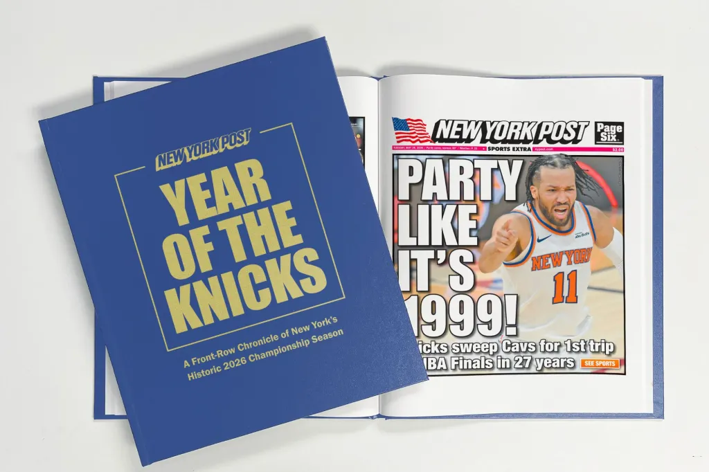A book titled "YEAR OF THE KNICKS" and a New York Post newspaper with the headline "PARTY LIKE IT'S 1999!" featuring a photo of Jalen Brunson.