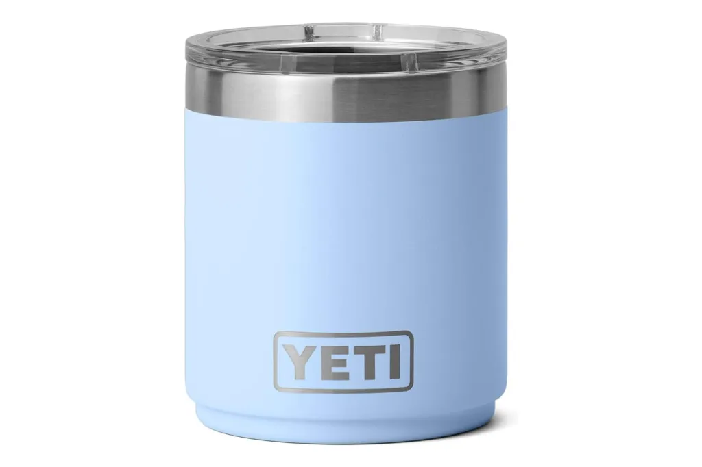 Light blue Yeti Lowball with a clear lid.