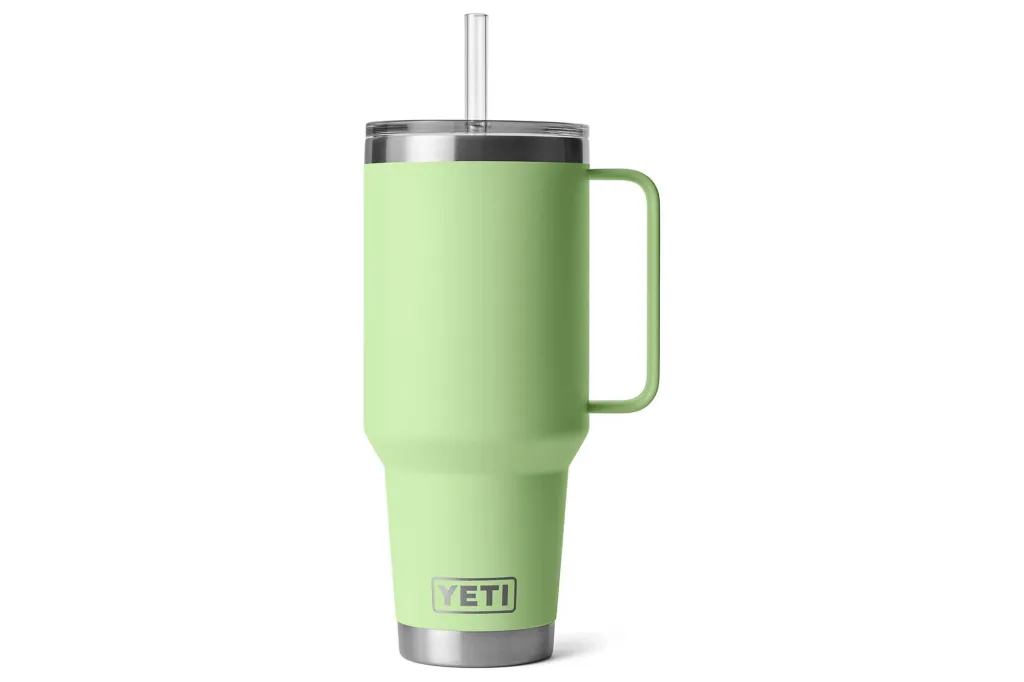 Light green Yeti Rambler with a handle, lid, and straw.