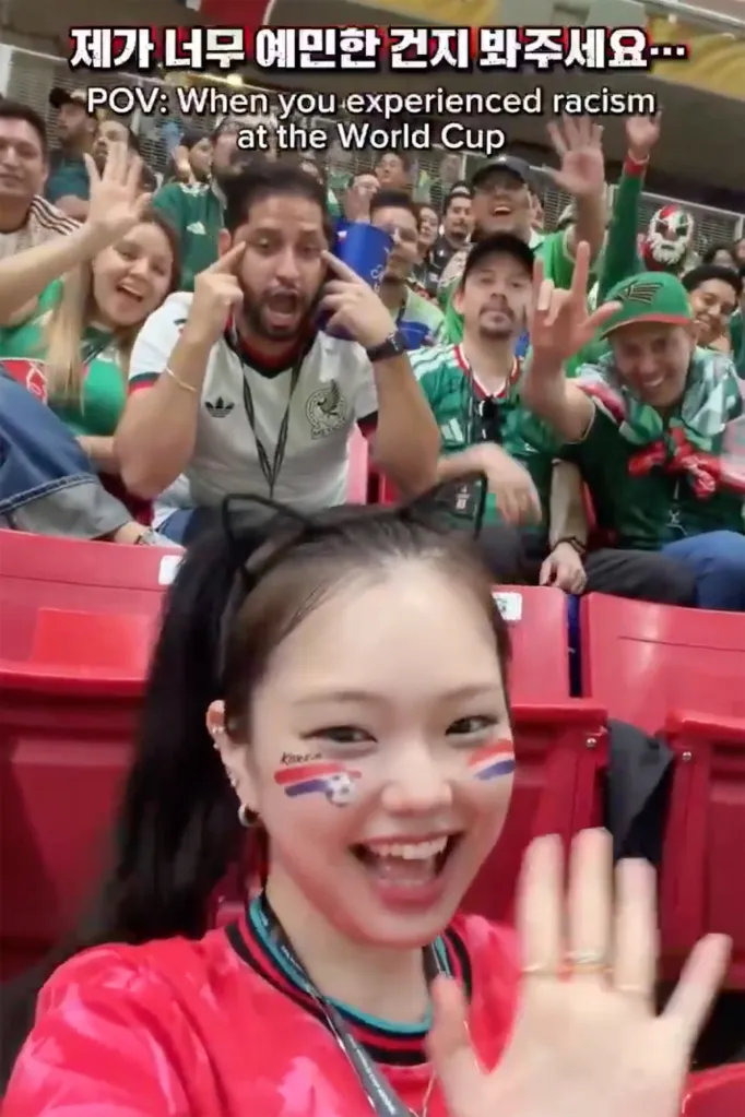Yoon waving while the leader pulls his eyes outward as if to make them slanted -- a racist gesture she caught on camera