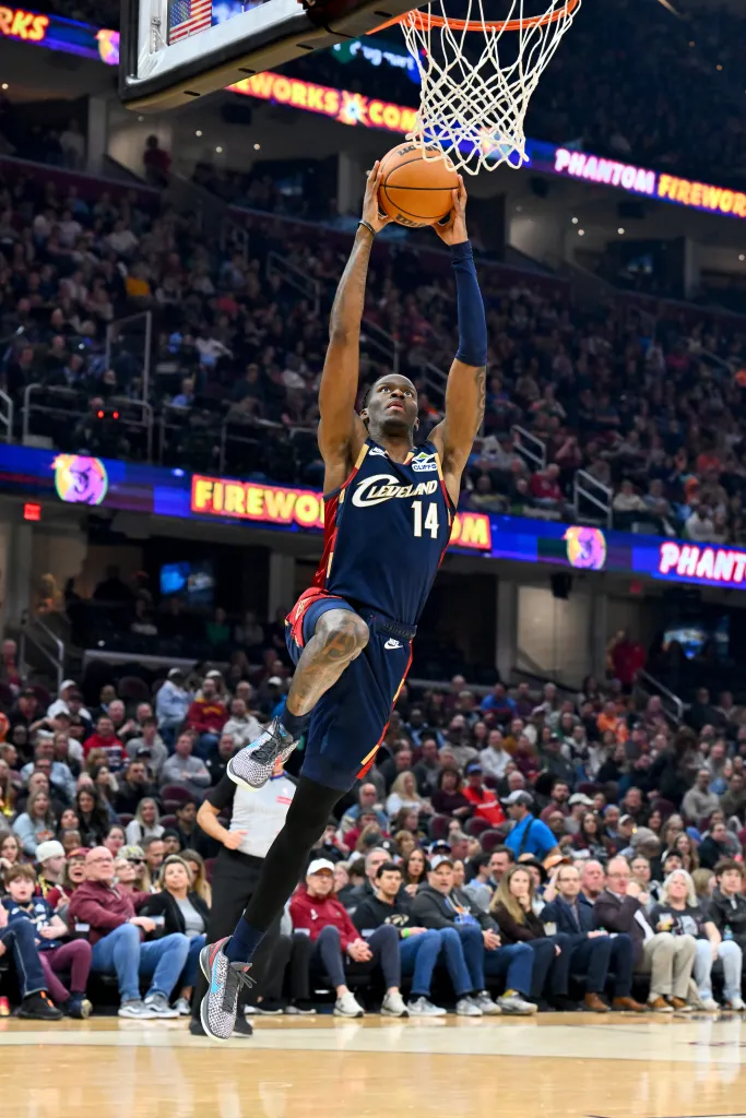 Keon Ellis #14 of the Cleveland Cavaliers dunks during the third quarter against the Miami Heat at Rocket Arena on March 27, 2026 in Cleveland, Ohio.