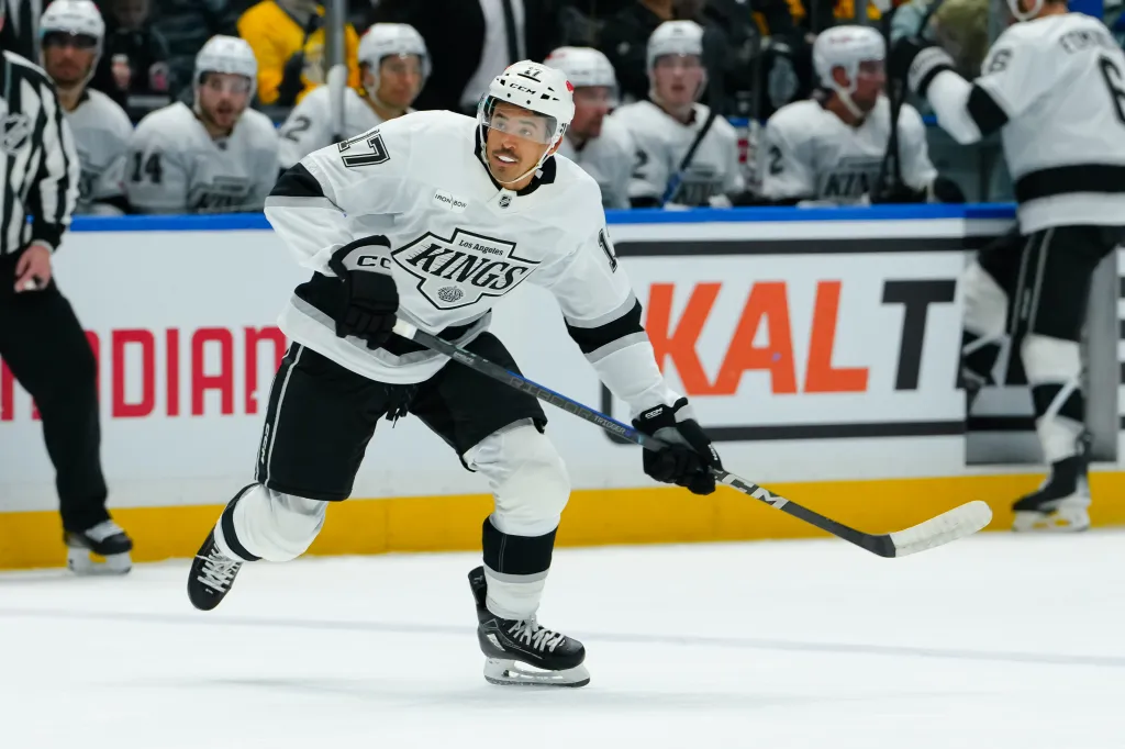 Mathieu Joseph #17 of the Los Angeles Kings skates during the third period of their NHL game against the Vancouver Canucks at Rogers Arena on April 14, 2026