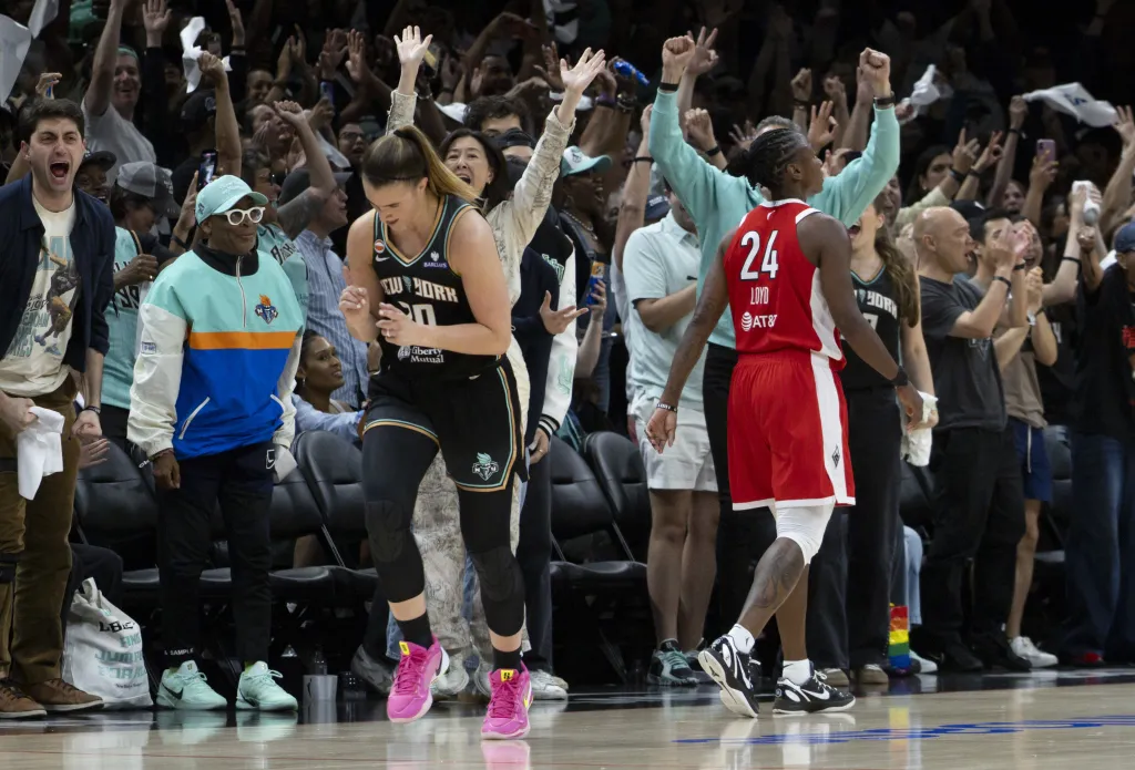 Sabrina Ionescu and the fans celebrate after she hit a 3-pointer in the second half of the Liberty's 93-85 Commissioner Cup-winning victory over the Aces on June 30, 2026 at Barclays Center.