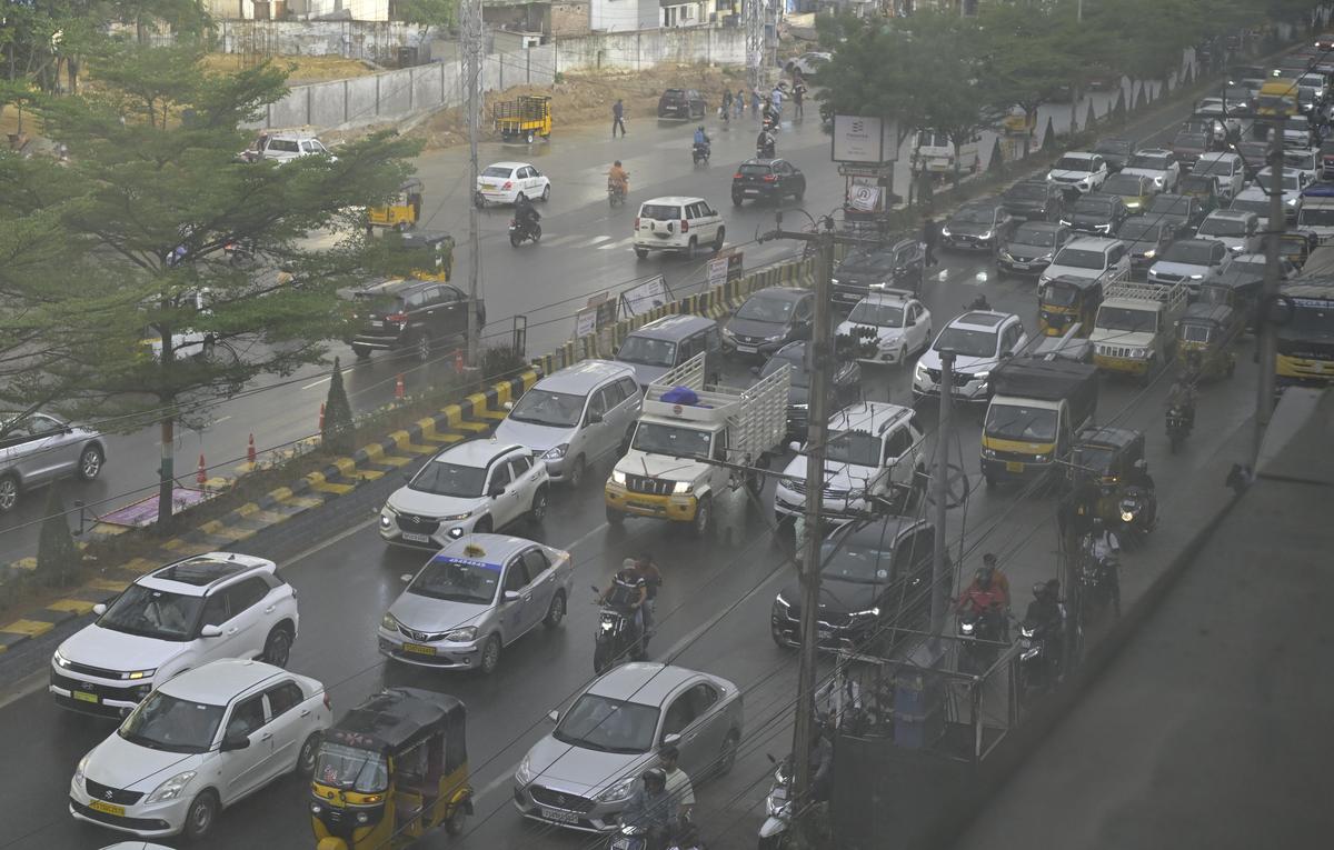 Traffic builds up near the Radisson Hotel in Hyderabad.