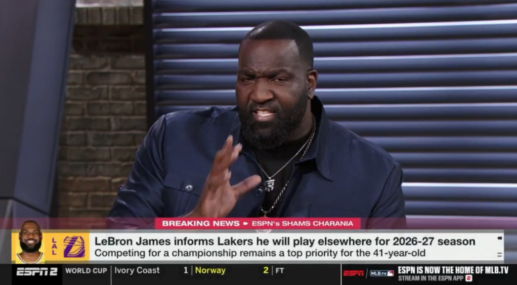 Kendrick Perkins discussing LeBron James' potential departure from the Lakers on ESPN.