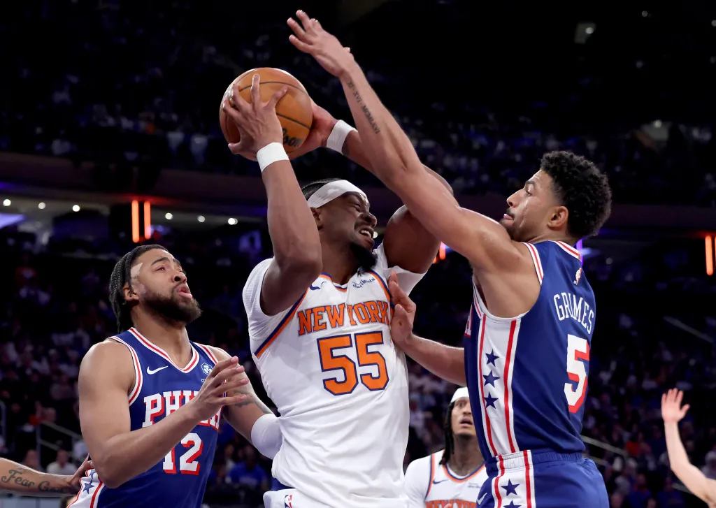 Knicks center Ariel Hukporti (55) during a playoff game against the 76ers.