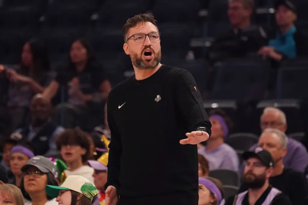 New York Liberty head coach Chris DeMarco yelling at players from the sideline.