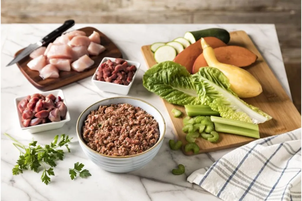 Raw dog food and natural veggies.