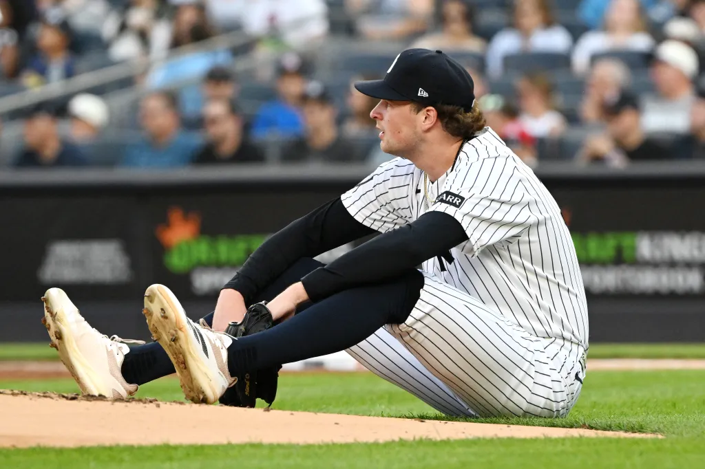 Yankees pitcher Cam Schlittler reacts after giving up a two-run home run.