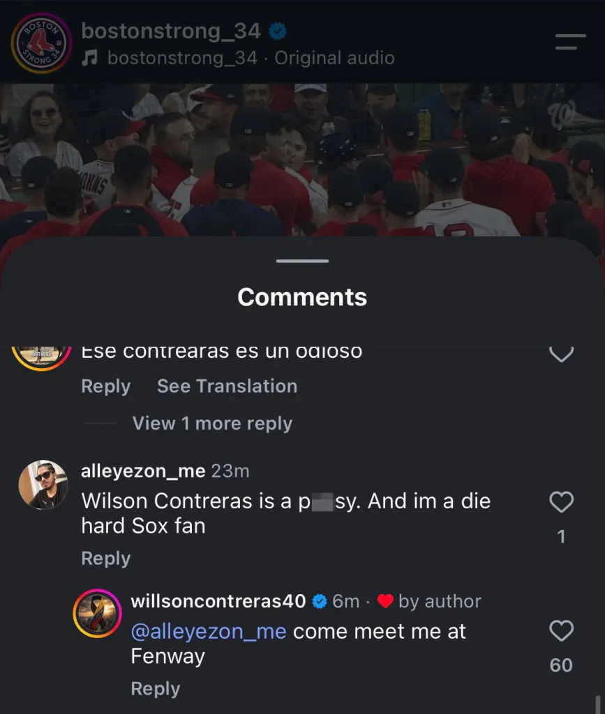 Screenshot of social media comments where a baseball player challenges a fan who insulted him to meet at Fenway.
