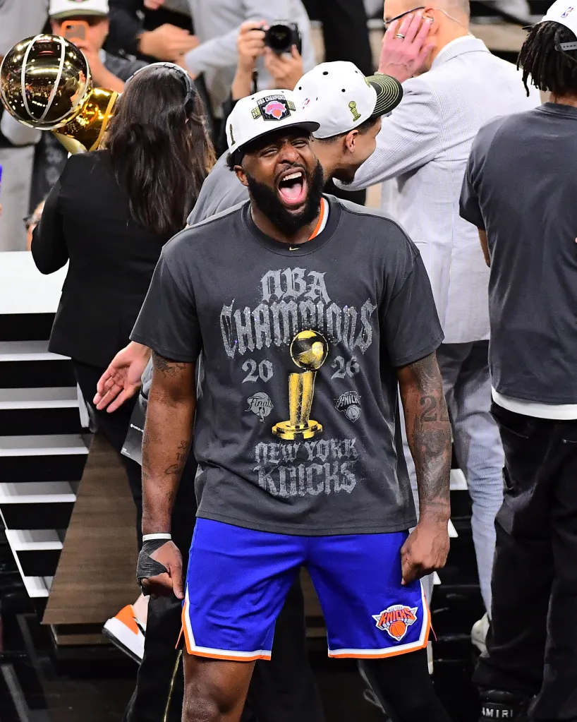 Mitchell Robinson celebrates after the Knicks' NBA championship win on June 13, 2026.
